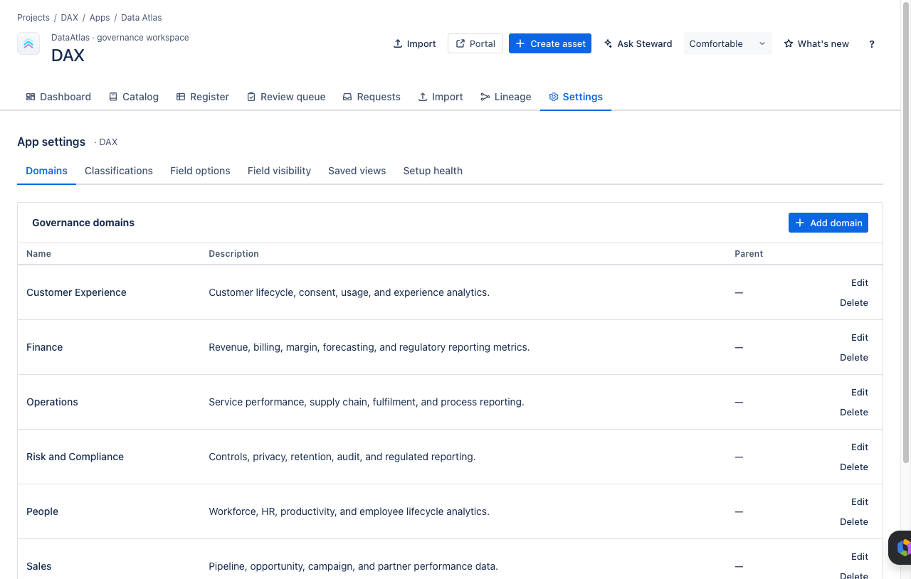 Data Atlas settings page showing administrative configuration controls.