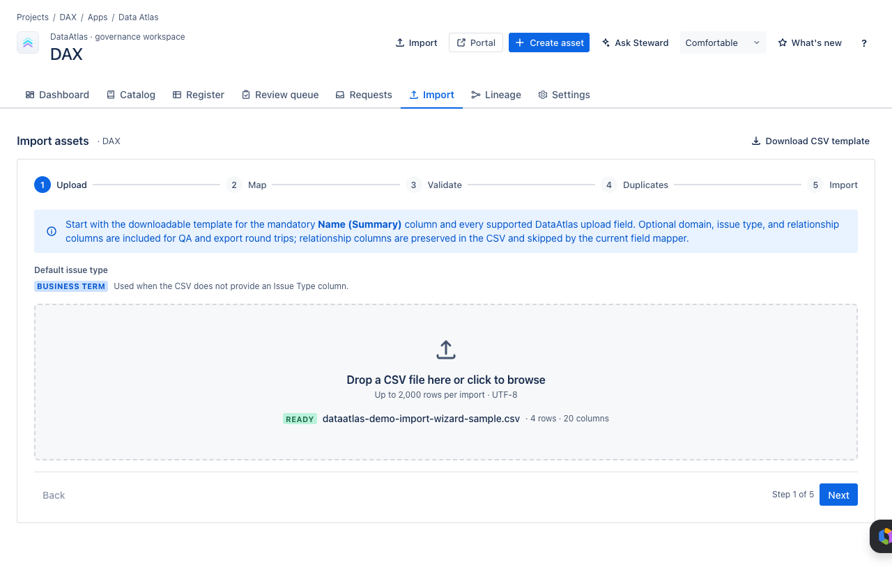 Import step 1 — upload