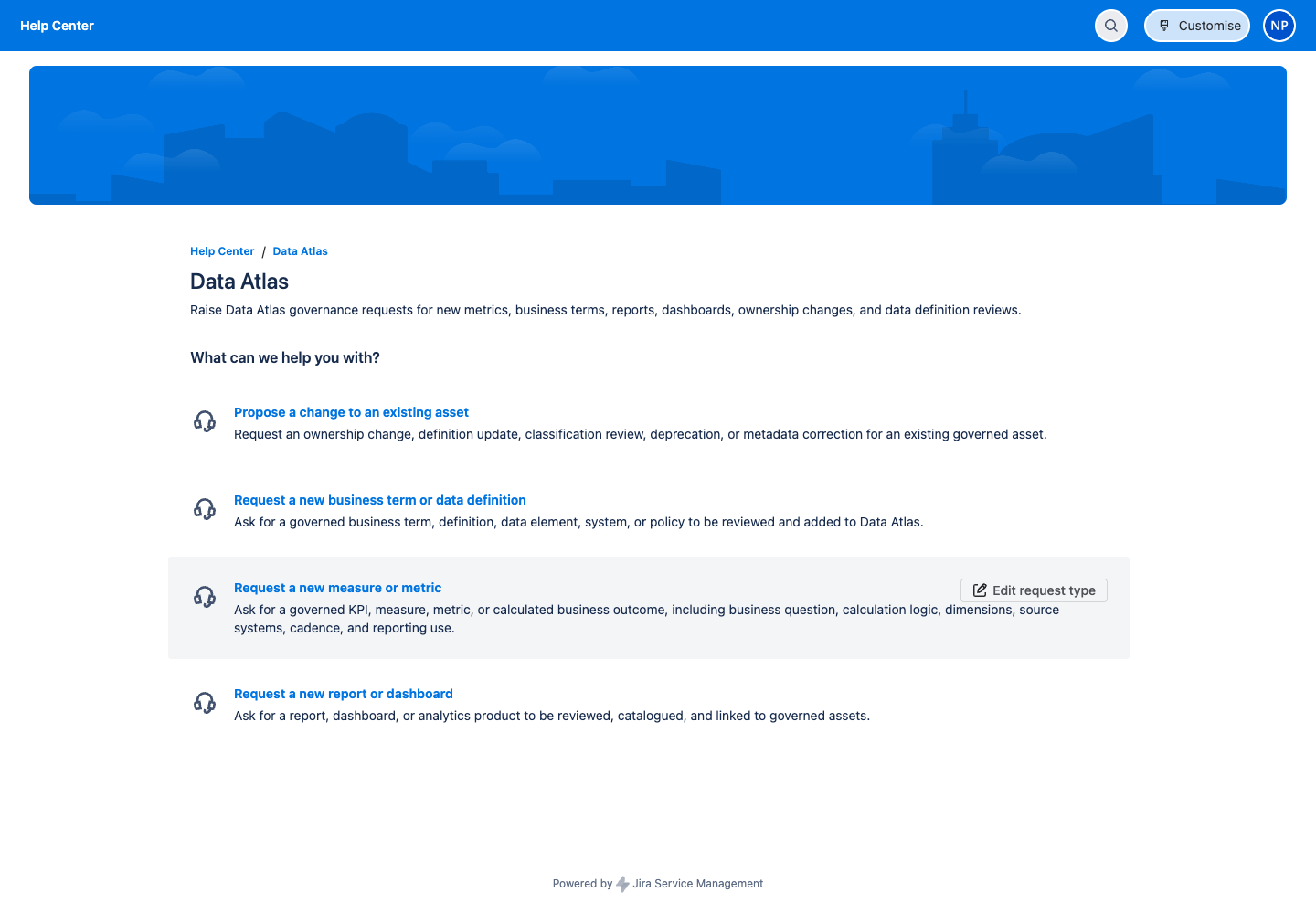 Data Atlas service portal showing request types for new measures, business definitions, reports, and asset changes.