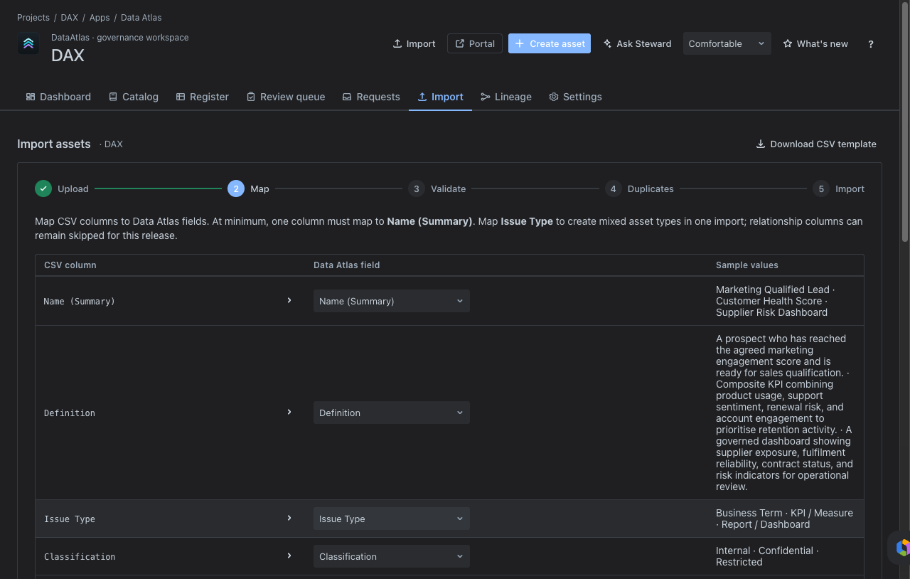 Data Atlas import screen.