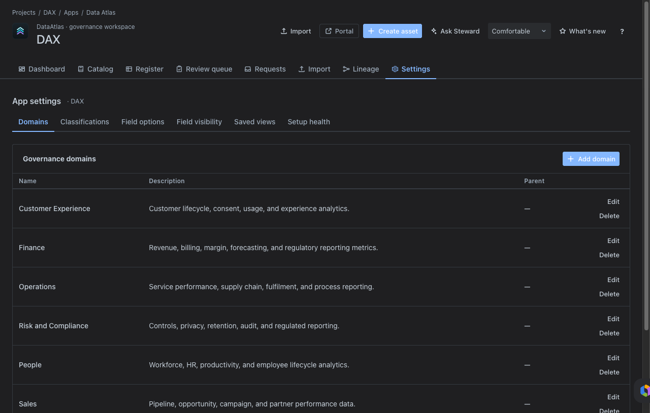 Data Atlas settings page showing administrative configuration controls.