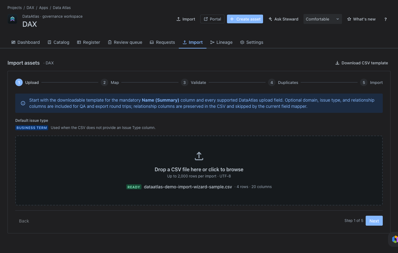 Import step 1 — upload